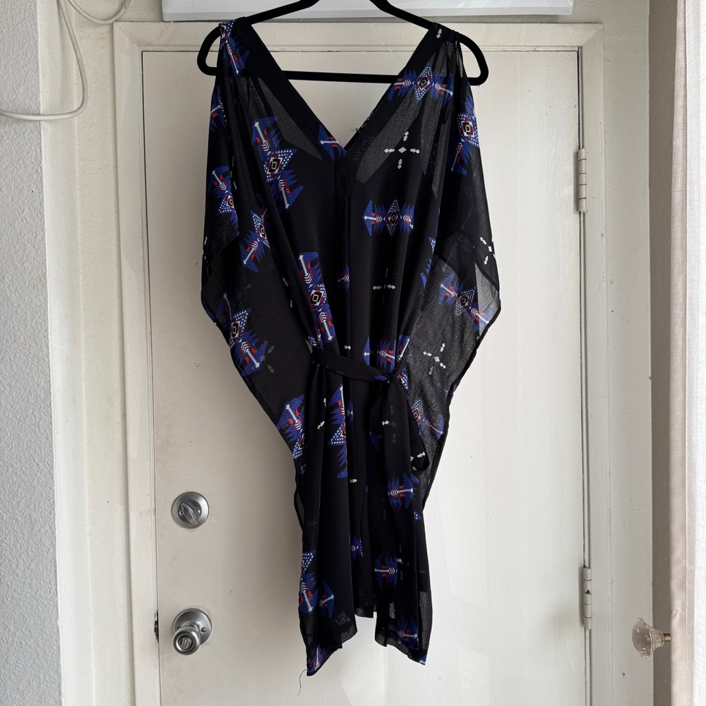 B.B. Dakota Dress Black Blue red Pattern Sheer Short Sleeve Swim Cover Tunic